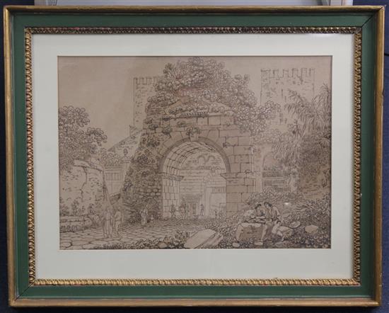 Early 19th century English School Figures beside classical ruins, 14.5 x 20.25in.